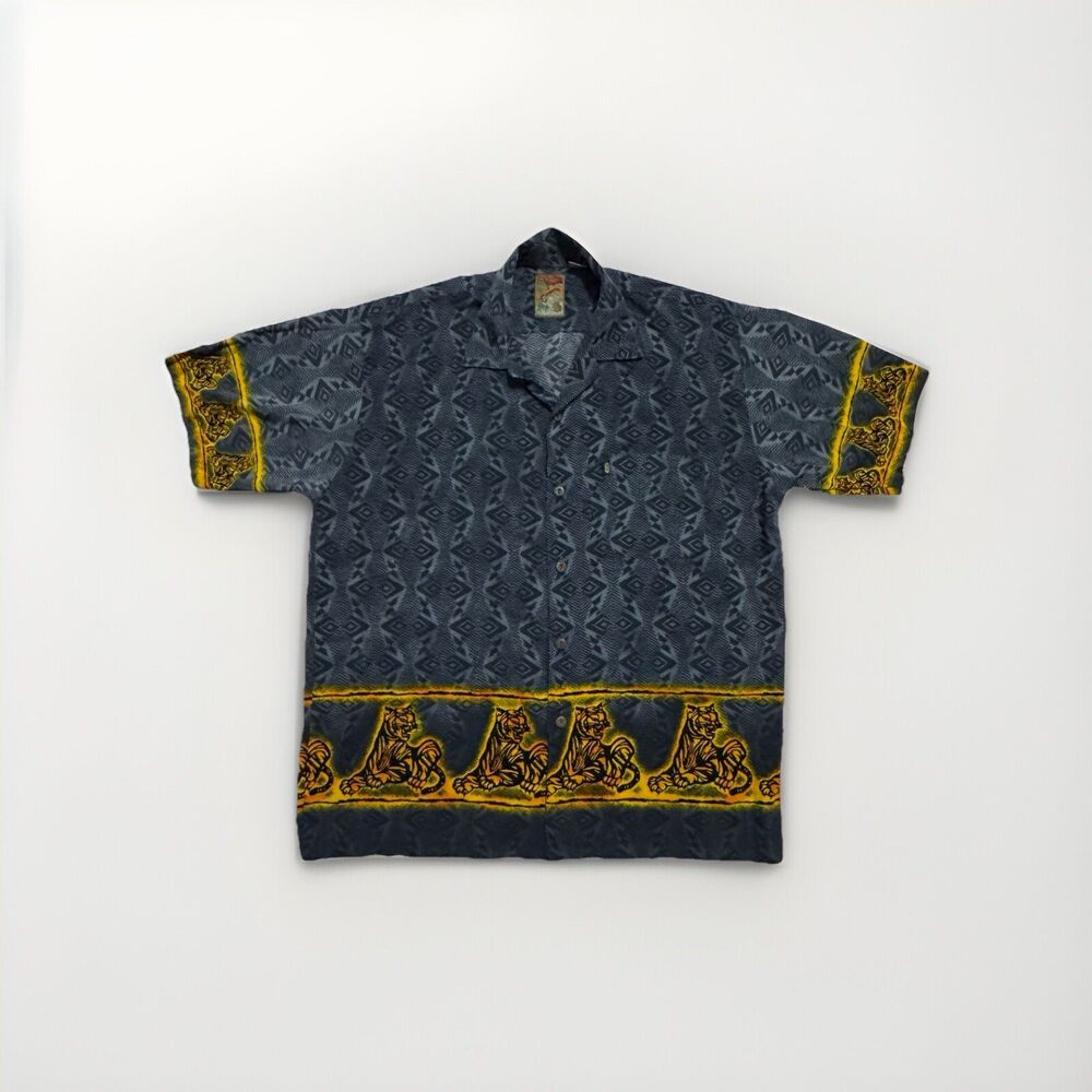 Vintage Pineapple Connection Hawaiian Asian Shirt Size Large Kanji Lava Tigers